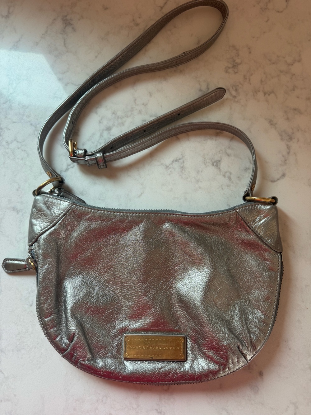 Marc By Marc Jacobs Metallic Pewter Leather Crossbody Shoulder Bag